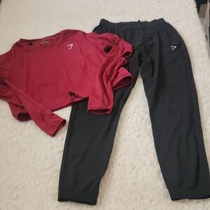 Gymshark Training Set- Crop Red Long Sleeve Top Sz M and Black Joggers Sz S